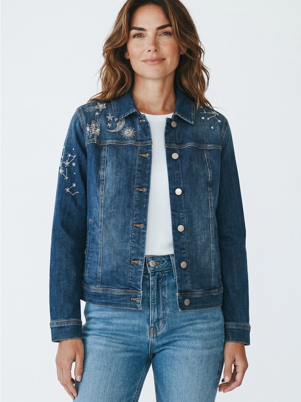 Chico's Size 1 (Medium) Dark Blue Embellished Beaded Den Jacket with Snap Front